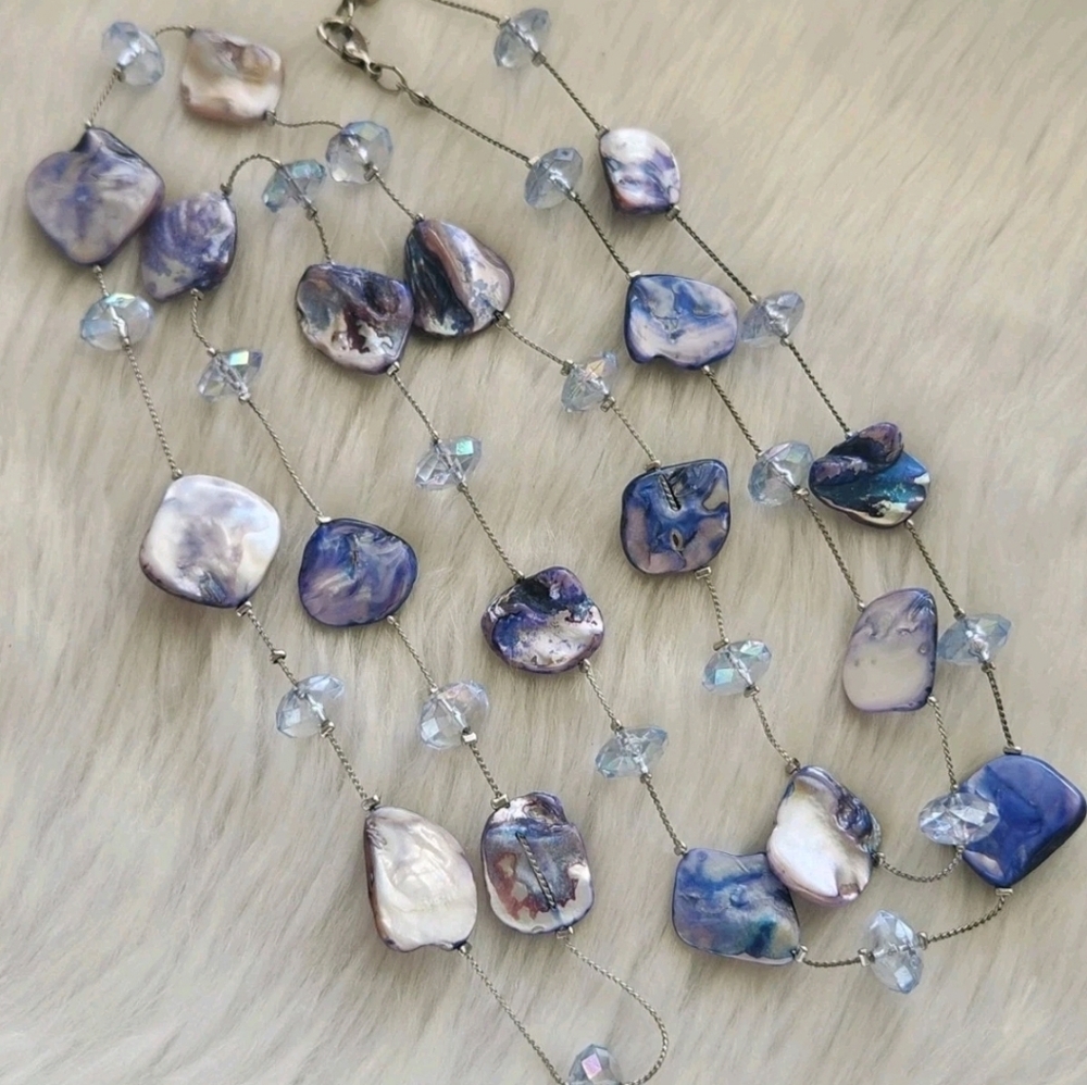 Vintage Y2K Dyed Shell Necklace Blue Mother of Pearl Beads Crystal Spacers Long